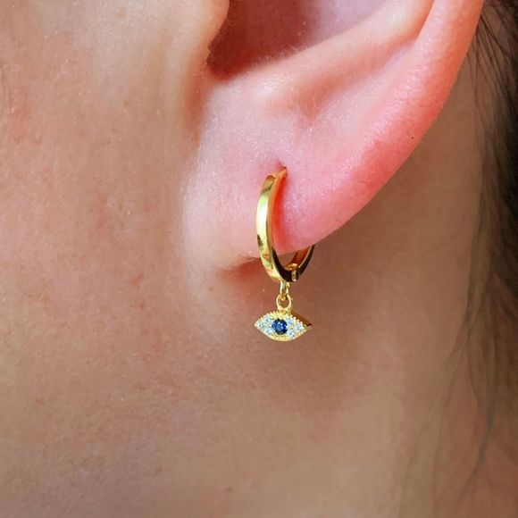 🧿 Blue Stone Evil Eye Huggie Hoop Earrings 🧿 - Picture 3 of 7